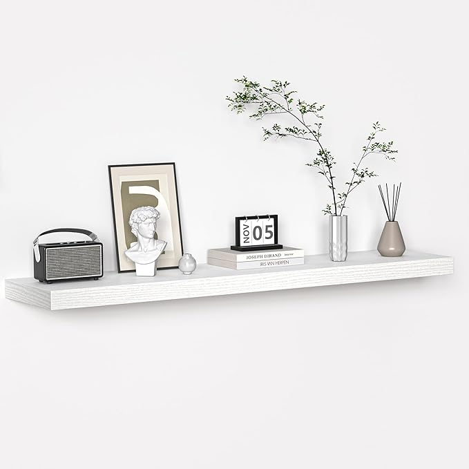 Floating Shelves - 10.3 Inch Deep Wall Shelf for Decor & Storage - Wall Mounted Display Shelving with Invisible Heavy-Duty Metal Bracket - 48" W x 10.3" D x 1.8" H - Set of 1 - Rustic White
