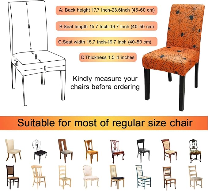 JQinHome Halloween Orange Dining Chair Slipcover, Spider Web Chair Covers Set of 6 ，High Stretch Washable Chair Protector Cover for Dining Room, Kitchen,Home Party,Wedding Ceremony(Orange, 6PC)