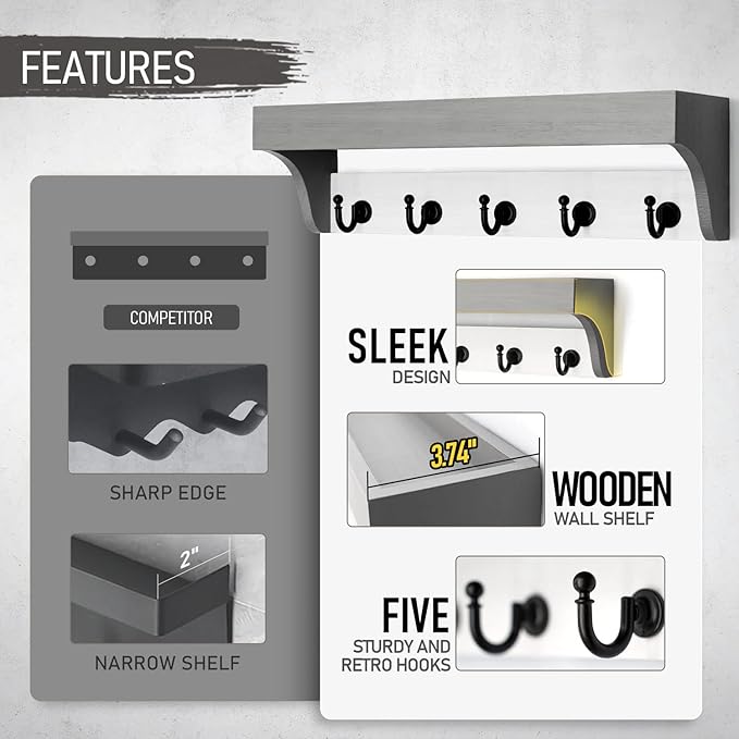 Rebee Vision Key Holder with Mail Organizer Wall Mount - Decorative Home Essentials for Key Rack with 5 Rustic Keys Hooks - Modern House Decor for Entryway (Gray & White)