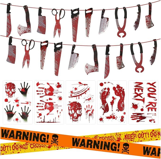 Halloween Decorations, 5 Sheets Wall Decals-Bloody Handprint Stickers, 2 Pack Halloween Banners and 2 PCS Caution Tape Rolls 3inx30ft for Indoor, Outdoor, Party Decor, Haunted Mansion