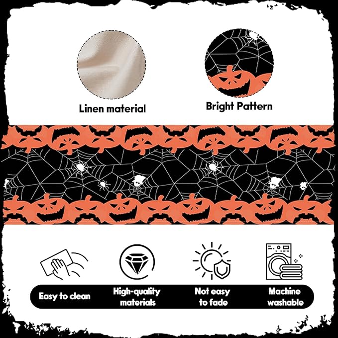 Halloween Table Runner Black and Orange Pumpkin Spider Web Table Linen Runner Halloween Decoration 13x36 Inch Table Runner for Dinning Kitchen Indoor Outdoor Halloween Kitchen Decor