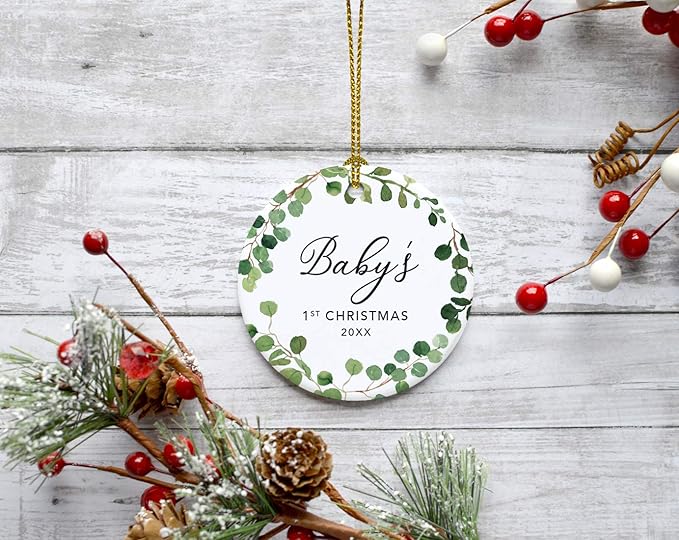 Andaz Press Custom Year Round Ceramic Porcelain Christmas Tree Ornament Keepsake Collectible Gift, Baby's 1st Christmas 2025, Farmhouse Eucalyptus Wreath, 1-PackBaby Shower New Mom Gift Ideas