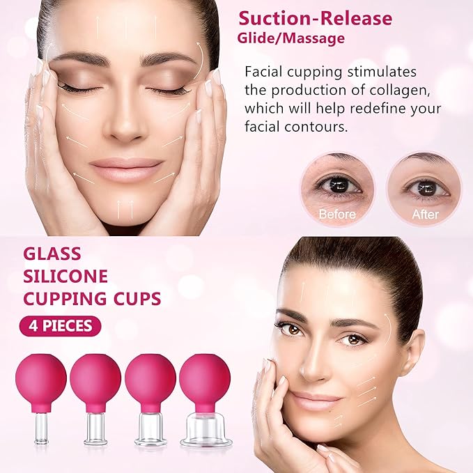 4 Size Facial Cupping Therapy Set Glass, Eye Face Vacuum Massage Anti Cellulite Cup - Silicone, for Beauty Body Cup Lymphatic Fascia Massager (Gift Box Packaging-red)