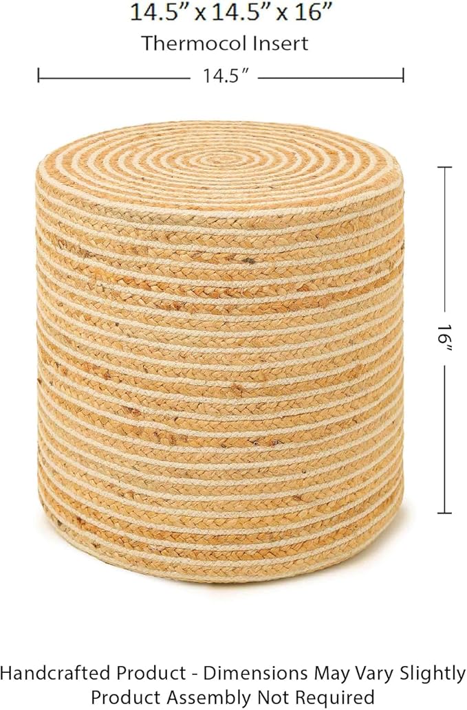 REDEARTH · Cylindrical Pouf Foot Stool Ottoman - Jute Braided Pouffe Poof Sitting Footrest for The Living Room, Bedroom, Nursery, Patio, Lounge & Other Rooms in Home (14.5”x14.5”x16”; Natural Ivory)