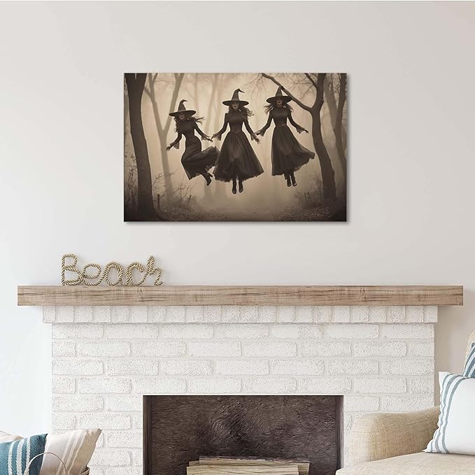 Three ghost witches flying in vintage forest gothic wall art witchcraft decoration holiday gift canvas wall art print16x24in Wood Framed