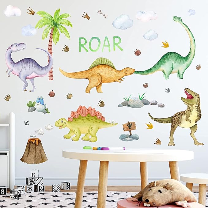 Dinosaur Wall Decals Glow in The Dark Dinosaur Wall Stickers Watercolor Dinosaur Decal Large Removable Vinyl Dino Wall Decals for Boys Bedroom Kids Girls Nursery Playroom Living Room Wall Decor Green