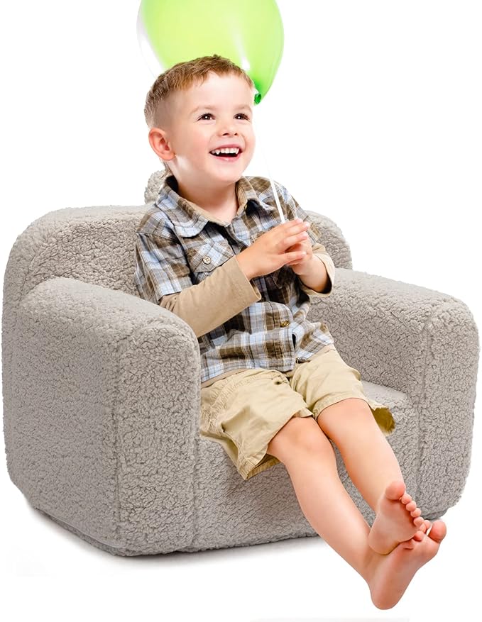 ALIMORDEN Kids Ultra-Soft Snuggle Foam Filled Chair, Toddler Cuddly Sherpa Reading Couch for Boys and Girls, Light Grey