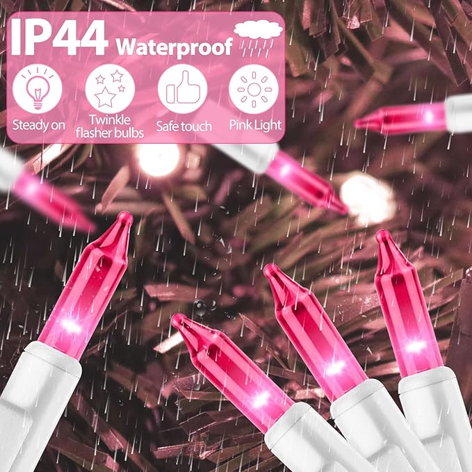 Pink Christmas Lights 25FT 100 Incandescent Bulbs, Pink Mini Lights with White Wire for Valentine's Day, Wedding, Garland, Thanksgiving, Party, Home, Indoor & Outdoor Festival Xmas Decoration