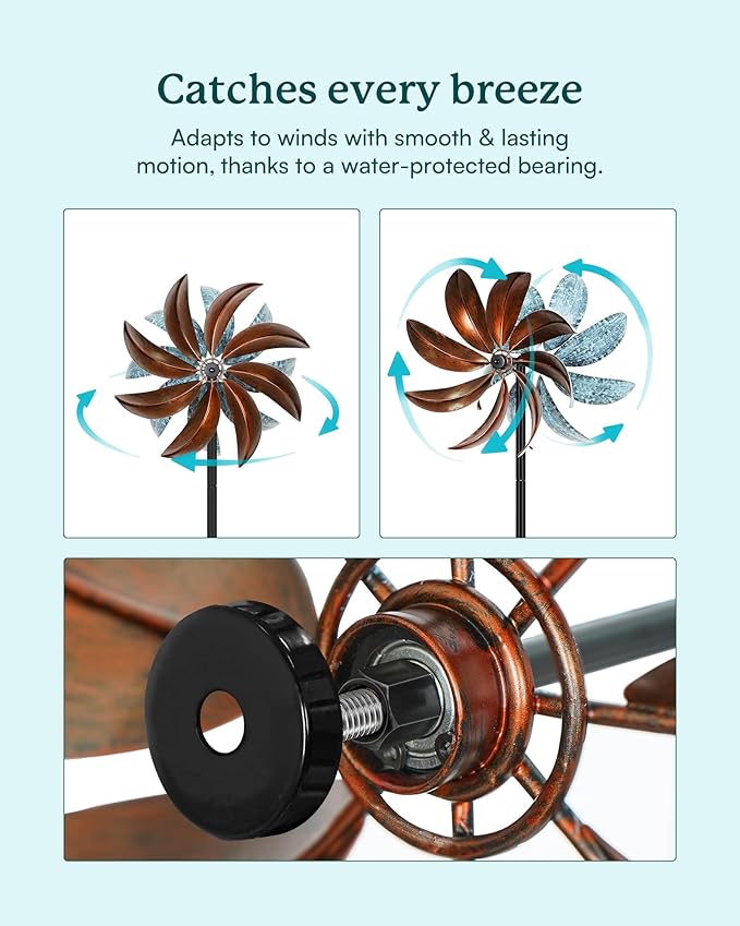 Wind Spinners Outdoor, Copper Teal Kinetic Wind Spinner with Stake, Garden Yard Spinners Windmill Decor for Patio Lawn (12" W x 70" H)