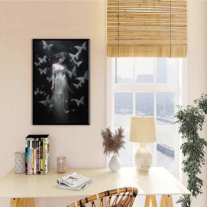 JFHCQJPK Vintage Gothic Feminine Canvas Wall Art Print Butterfly Poster Moody Female Wall Art Retro Artwork Dark College Decor for Home Bedroom12x16in Metal blackFramed