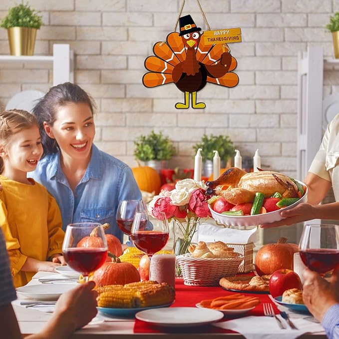 Thanksgiving Turkey Wooden Door Sign Hanging Turkey Art Door Decor Thanksgiving Turkey Wall Art Hanging Rustic Plaque for Thanksgiving Day Party Front Door Home Office Decoration, 11.4 x 8.3 Inch