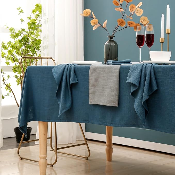 Rectangle Blue Tablecloth 60 x 108 Inch, Linen Textured Waterproof Table Cloth, French Soft Decorative Fabric Table Cover for Dining, Wedding, Party, Farmhouse, Father's Day - Blue