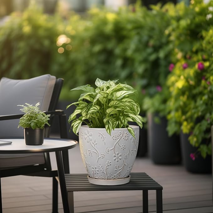 8 Inch Ceramic Pots for Plants Large Planter Pot with Drainage Hole and Saucer Round Flower Pot for Indoor Outdoor Decor, White
