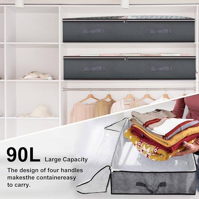 4 Pack Under Bed Storage, 90L Collapsible Closet Containers Organizers and Under Bed Storage Bins, Underbed Storage Bags for Wrapping Paper, Blanket, Towels, Clothes, Comforter, Sweaters, Linen Sheet