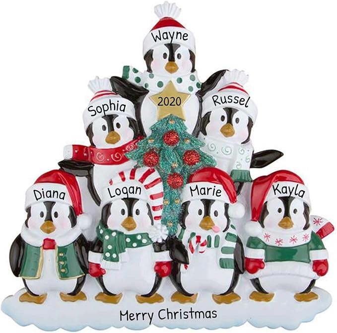 3D Penguin Family of 7 Ornament 2025 Personalized Family Christmas Ornaments 2025 | Snowy Tree Holiday Penguins Personalized Tree Ornaments for Grandchildren Siblings & Grandkids of Seven Ornament