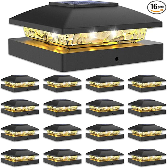 VOLISUN 4x4 Solar Post Cap Light 16pack,Solar Fence - Post Lights Outdoor Waterproof for Wooden/Vinyl Post, White Deck Post Cap Light Solar Powered with Warm White for Garden/Patio/Porch, Black