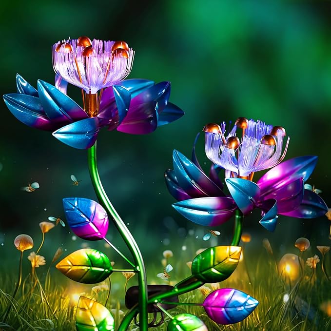 Solar Wind Spinners Blue Twin Flowers for Yard and Garden, Solar Windmill Garden Whirligig Kinetic Spinners Decor for Lawn, Patio, Yard, Metal Wind Outdoor Sculpture
