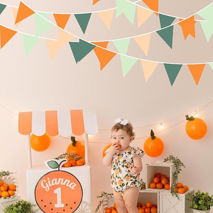 32Ft Little Cutie Baby Shower Decorations Orange Sage Green Fabric Pennant Triangle Banner Party Flag Streamer Garland for A Little Cutie is On The Way Birthday Orange Gender Reveal Party Decoration