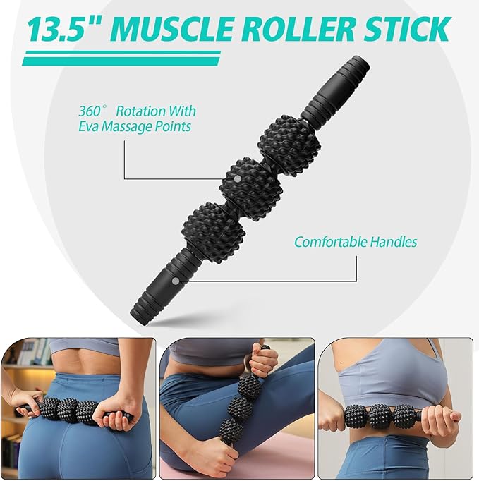 5-in-1 Foam Roller Set, Massage Roller Stick, Massage Ball, Resistance Band for Deep Muscle Massage, Trigger Point Release, Pilates, Yoga (Black-Wave)