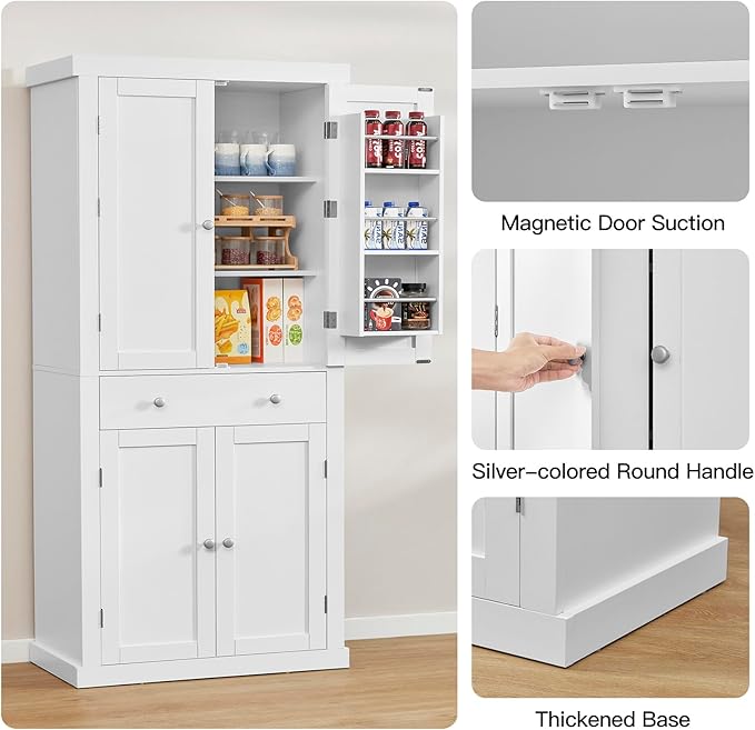 usikey 72” Pantry Cabinet, Tall Kitchen Storage Cabinet with 4 Doors and 1 Drawer, Cupboard with 6 Hanging Shelves and Adjustable Shelves for Kitchen, Dining Room, Living Room, White