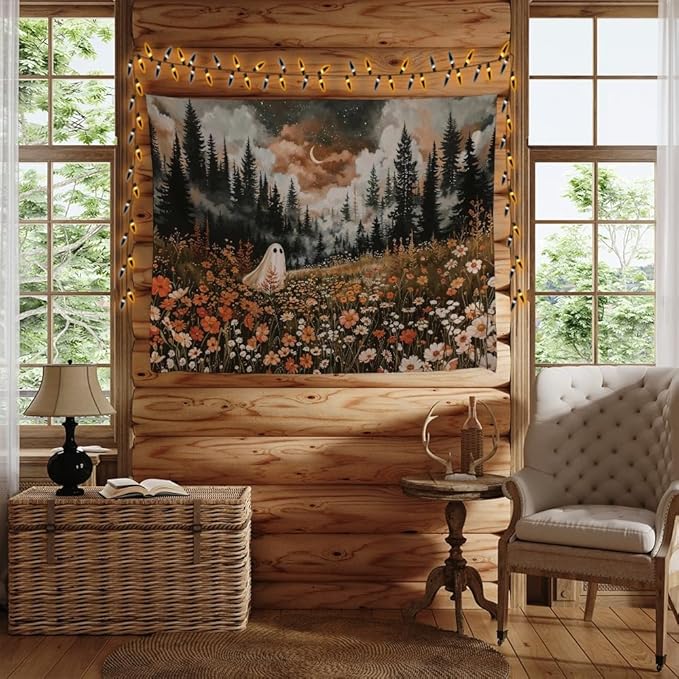 Spooky Fall Forest Art Halloween Tapestry Wall Hanging Cute and Funny Forest Flower Ghost Tapestry for Bedroom Whimsical Dark Academia Aesthetic Tapestries for Home Living Room Decor 30x40inch