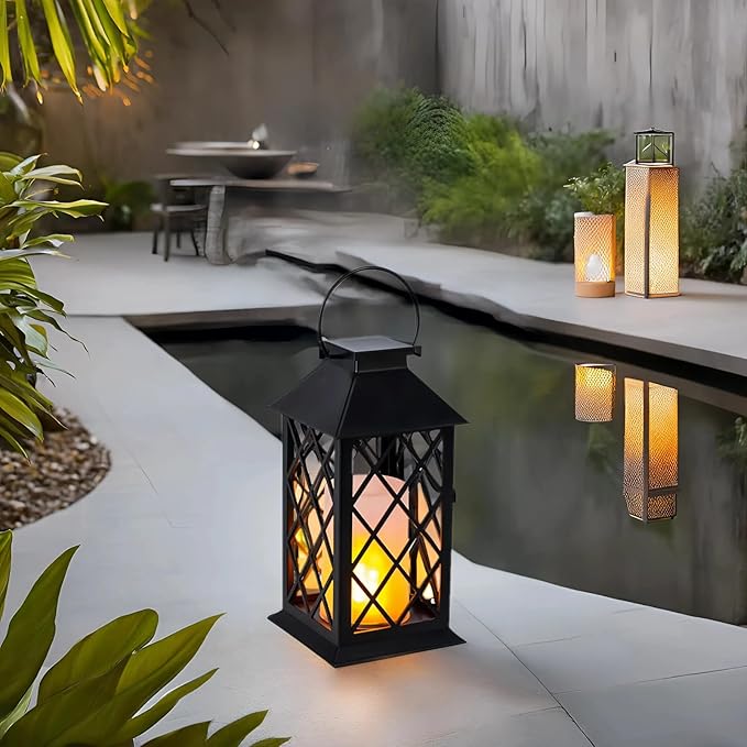 Simplelight 11 Inch Decorative Lanterns-IP44 Waterproof Outdoor Hanging Lantern, Battery Operated Decorative Lantern for Patio, Table, Fireplace with Timer, Black Color (1)