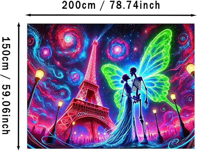 BlissYard Blacklight Skull Tapestry UV Reactive Tapestry 78x59 Inch Black Light Butterfly Galaxy Planet Glowing Large Neon Wall Hanging for Living Room Bedroom Decor Teens