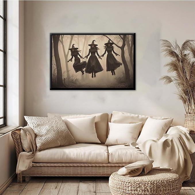 JFHCQJPK Three ghost witches flying in vintage forest gothic wall art witchcraft decoration holiday gift canvas wall art print24x36in Metal blackFramed
