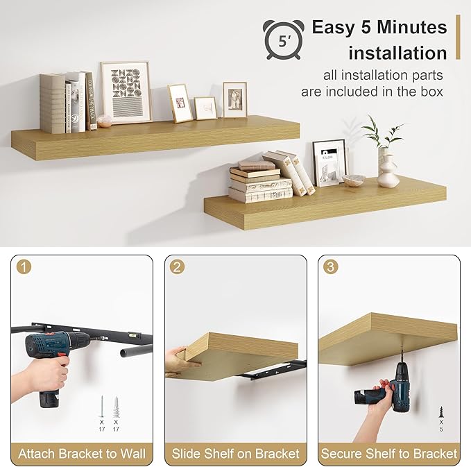 Heimlove Bathroom 12'' Deep Floating Shelves for Wall - Shelf Over Toilet Wall Mounted Farmhouse 24 inches,Rustic Wood Wall Shelves Decor & Storage Set of 1 Oak