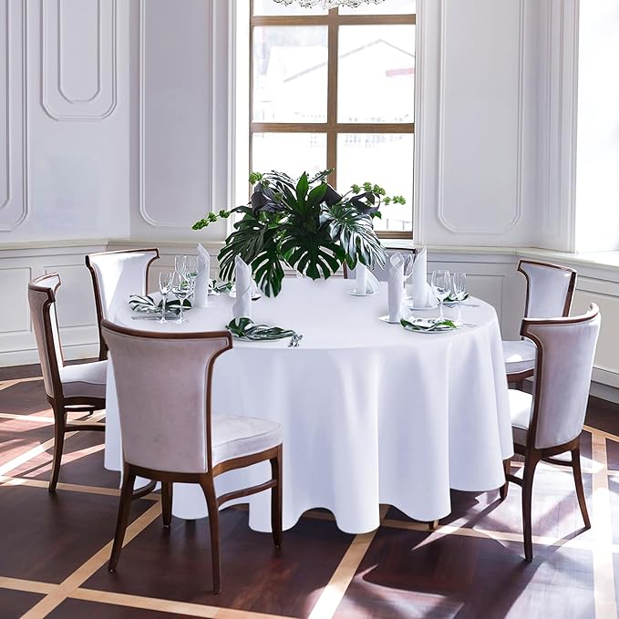 Biscaynebay Textured Fabric Round Tablecloths 90", White Water Resistant Table Cloths Circle Folding Table Covers Linen for Dining, Kitchen, Wedding and Parties etc.