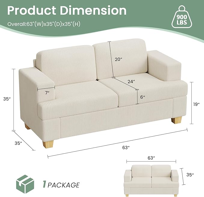 63" Corduroy Sofa Couch Loveseat for Living Room, Small Seep Seat Loveseat Sofa for Bedroom, Comfy Chenille Couch for Small Spaces, White Corduroy