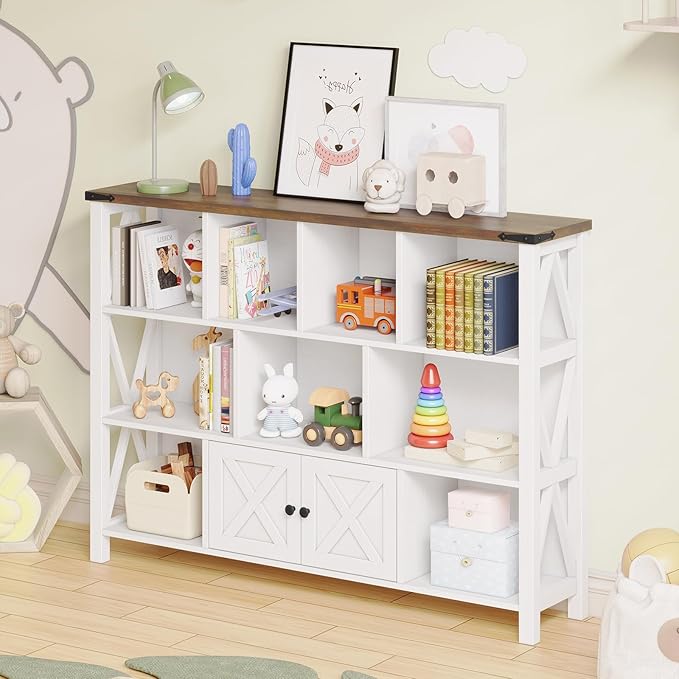 11 Cube Storage Organizer Bookshelf, Wooden Open Cube Shelf Bookcase, Farmhouse Display Book Shelf, 3 Tier Cube Bookshelves with Storage, Rustic White