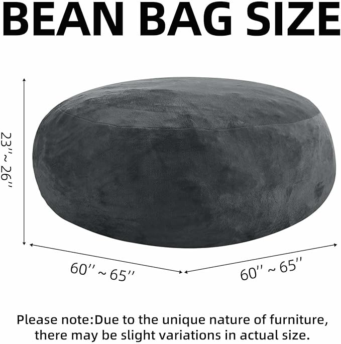 Bean Bag Chair 5Ft, Memory Foam Filled, Large Beanbag Chairs for Adults and Teens, Soft Sofa with Removable Flannel Cover, Round Couch for Living Room Bedroom College Dorm (Dark Gray, 5FT-60×60"×24")