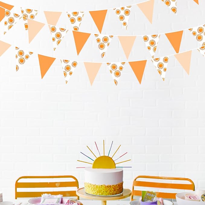 32Ft Sunshine Party Decorations Orange Yellow Triangle Flag Fabric Banner Pennant Garland Bunting Streamer for Boho Sun Birthday First Trip Around The Sun Groovy Retro Hippie Party Decor Supplies