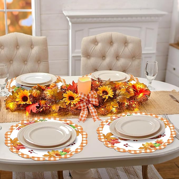 50Pcs Fall Pumpkin Round Paper Placemats,13.4 Inch Autumn Maple Leaf Round Table Mats Thanksgiving Scalloped Disposable Placemats for Harvest Birthday Thanksgiving Party Supplies