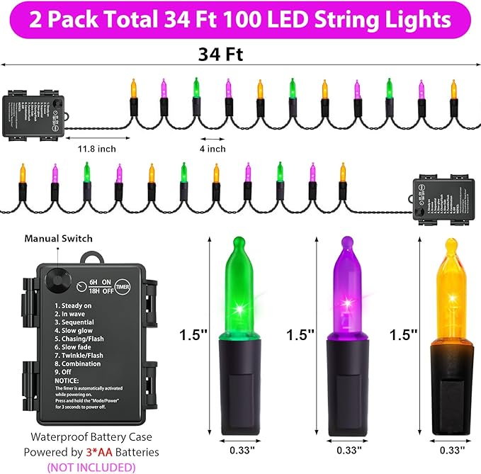 Halloween Orange Purple & Green Lights Decorations, 2 Pack 17FT 100LED Mini String Lights Battery Operated -Waterproof for Indoor Outdoor Patio Tree Holiday Fall Halloween Decor