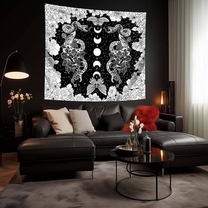 dueeia Moon Phase Witchy Tapestry Wall Hanging Snake Witch Occult Black and White Dark Tapestries for Bedroom Aesthetic Living Room Wall Decor (78.7"x59.1")