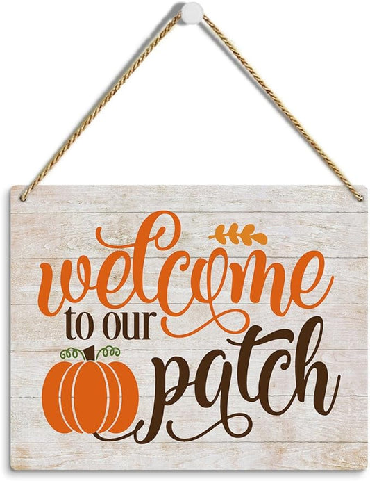 MIGUMUTU Rustic Farmhouse Fall Signs Door Wall Hanging Decor, Fall Room Home Decor, Pumpkin Decor Decoration for Home, Fall Decoration for Home, Welcome To Our Patch Sign 12 X 12 Inch