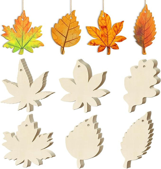 36PCS Wooden Fall Ornaments to Paint Thanksgiving Decorations, 6 Styles DIY Blank Autumn Unfinished Wood Maple Leaves Turkey Pumpkin Halloween Cutouts Ornament for Crafts Birthday Party Gifts Hanging