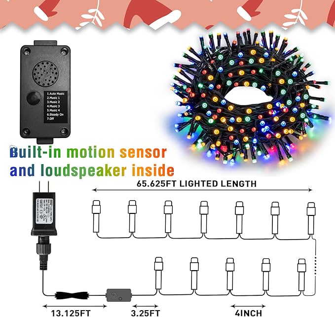 PEIDUO Christmas Lights with Music, Infrared Motion Sensor Controller with 6 Modes, Waterproof for Xmas Outdoor Garden Party Decor, Plug in, Multicolor Lights