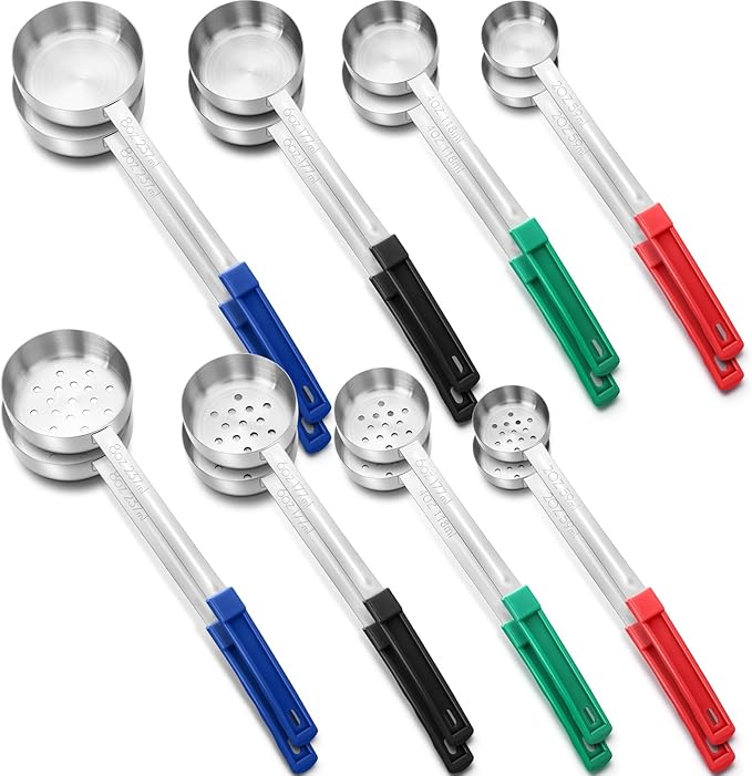 16 Pcs Portion Control Serving Spoons, Restaurant Measuring Serving Ladle Utensils, Portion Control Slotted Scoops for Weight Loss, Solid and Perforated Scoops(4 Colors,4 Sizes)