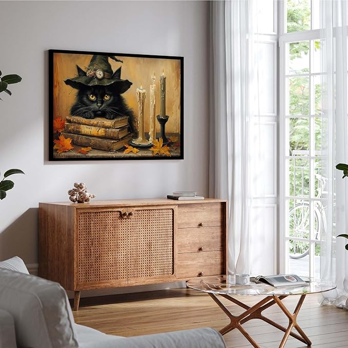 JFHCQJPK Vintage Halloween wall decoration black cat and magic book suitable for home bedroom living room decoration dark classic art witch wall decoration16x24in Metal blackFramed