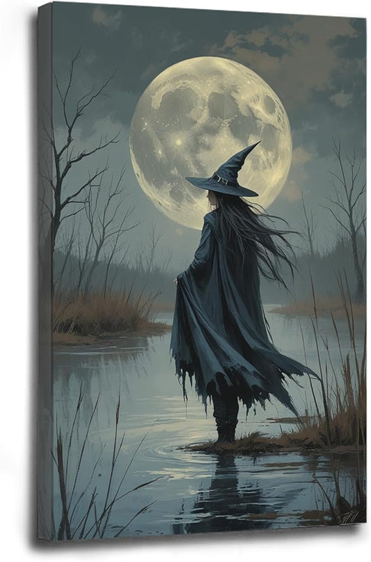 Witch in the moonlight magic canvas wall art enchanting Halloween home decor swamp witch silhouette oil painting mysterious gothic aesthetic wall decor print poster20x30in Wood Framed
