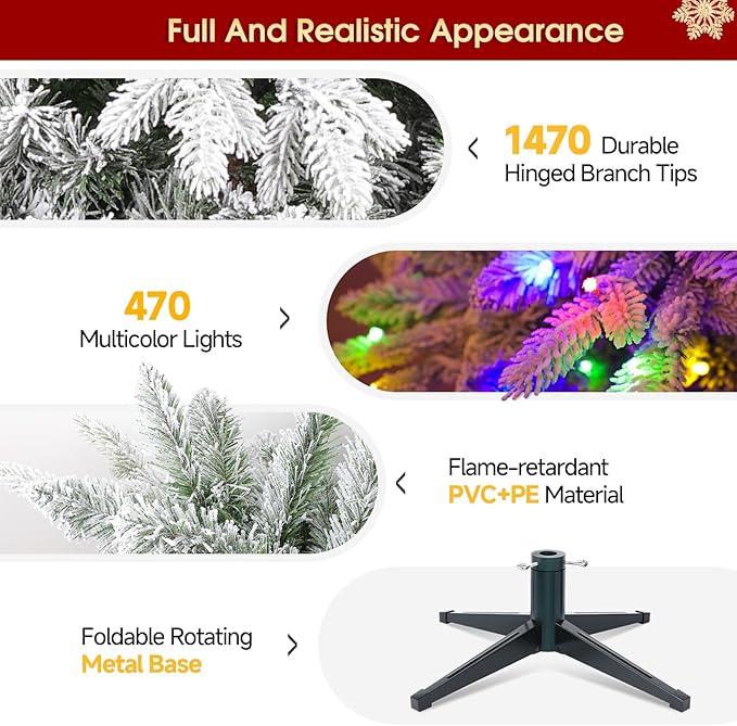 7.5ft Pre-Lit Snow Flocked Rotating Christmas Tree with 470 Multi-Color LED Lights, 1470 PE & PVC Tips - Realistic Artificial Tree for Holiday Decor