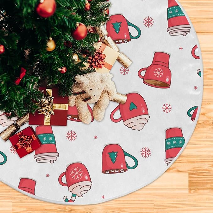 Christmas Hot Chocolate Coffee Tree Skirt, Seasonal Tree Mat Holiday Party Supplies Ornaments Indoor Outdoor Decorations for Tabletop Trees 35.4 Inches
