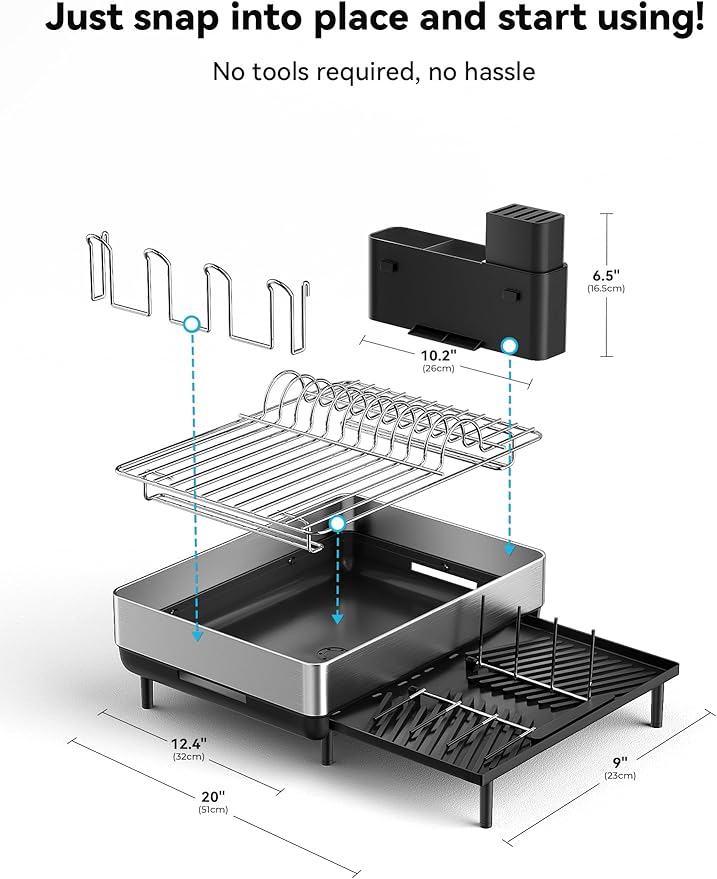 SUNLY Large Dish Drying Rack, Expandable Dish Racks for Kitchen Counter, Space Saving 304 Stainless Steel Drying Rack Kitchen, Extra Large Drainer with Multifunctional Flip Up Pegs, Black