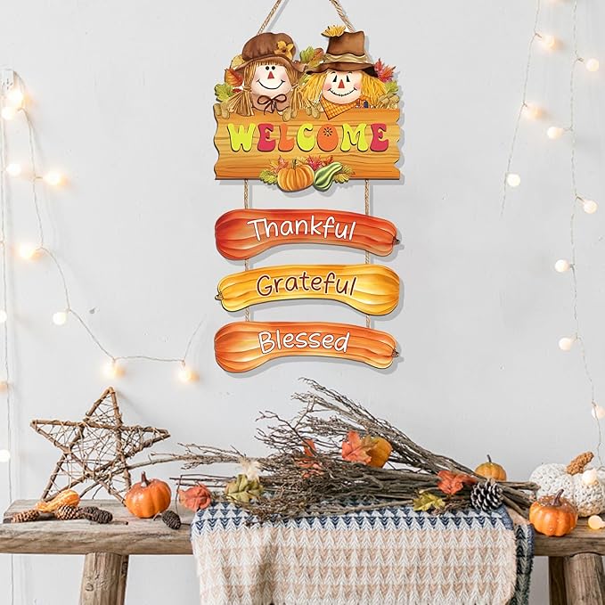 BWFY Fall Decorations for Home Thanksgiving Signs Autumn Home Decor Wooden Farmhouse Thanksgiving Decoration Indoor Harvest Sign Door Hanger for Outdoor Farmhouse Porch Front Door
