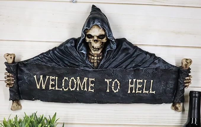 Ebros Large Grim Reaper Skeleton Opening Scroll Sign Of Bones Saying "Welcome To Hell" Wall Decor 17.5"Long Halloween Night Reaper Harvester of Souls 3D Hanging Art Plaque Sculpture