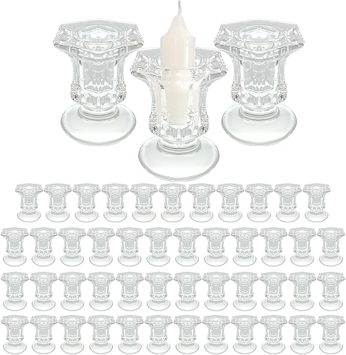 50 Pieces Glass Taper Candle Holders Bulk Clear Glass Taper Candlestick Holders for Wedding Table Centerpiece Party Decoration 2.2 Inch