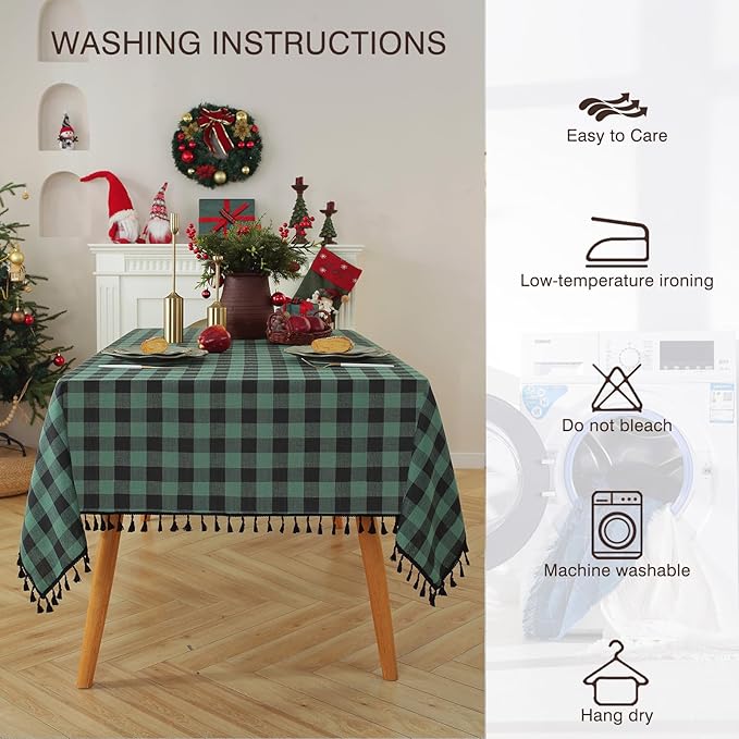 JIALE Gingham Tablecloth Square Cotton Linen Fabric Checkered Table Cloth with Tassel Washable Wrinkle Free Buffalo Plaid Table Cover for Christmas Tablecloth, Kitchen Dining, Green and Black, 55x55